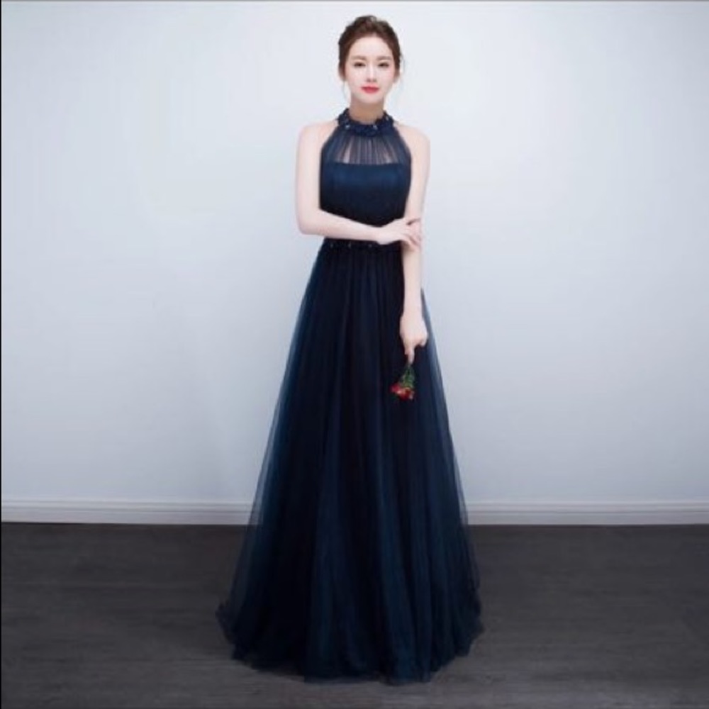 Navy blue floor length lace gown